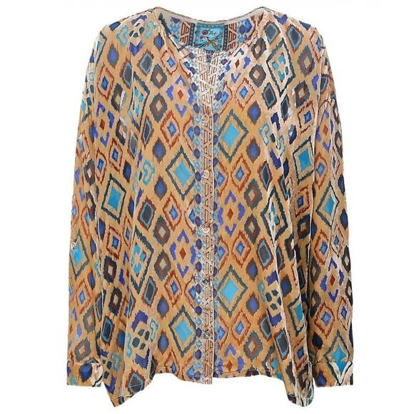 Johnny Was Multicolor Ikat Silk Blend Sheer Blouse S - Picture 7 of 7